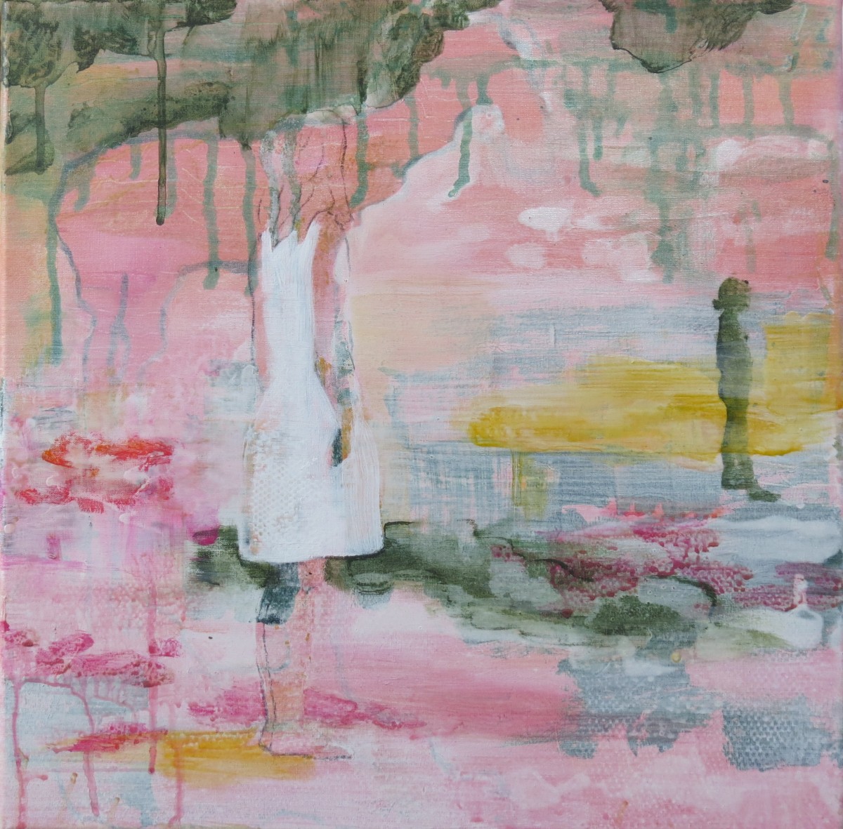 schilderij 40x40cm meisje roze accenten kleurrijk modern abstract