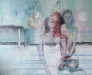 olieverf schilderij 100x120cm vrouwen meisje zachte kleuren lichtblauw sfeervol dromerig