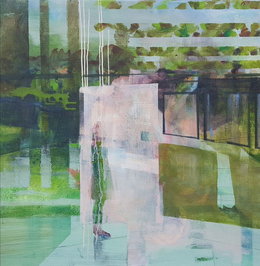 Olieverfschilderij-pasteltinten-roze-groen-spiegelingen-reflecties-figuratief-abstract-