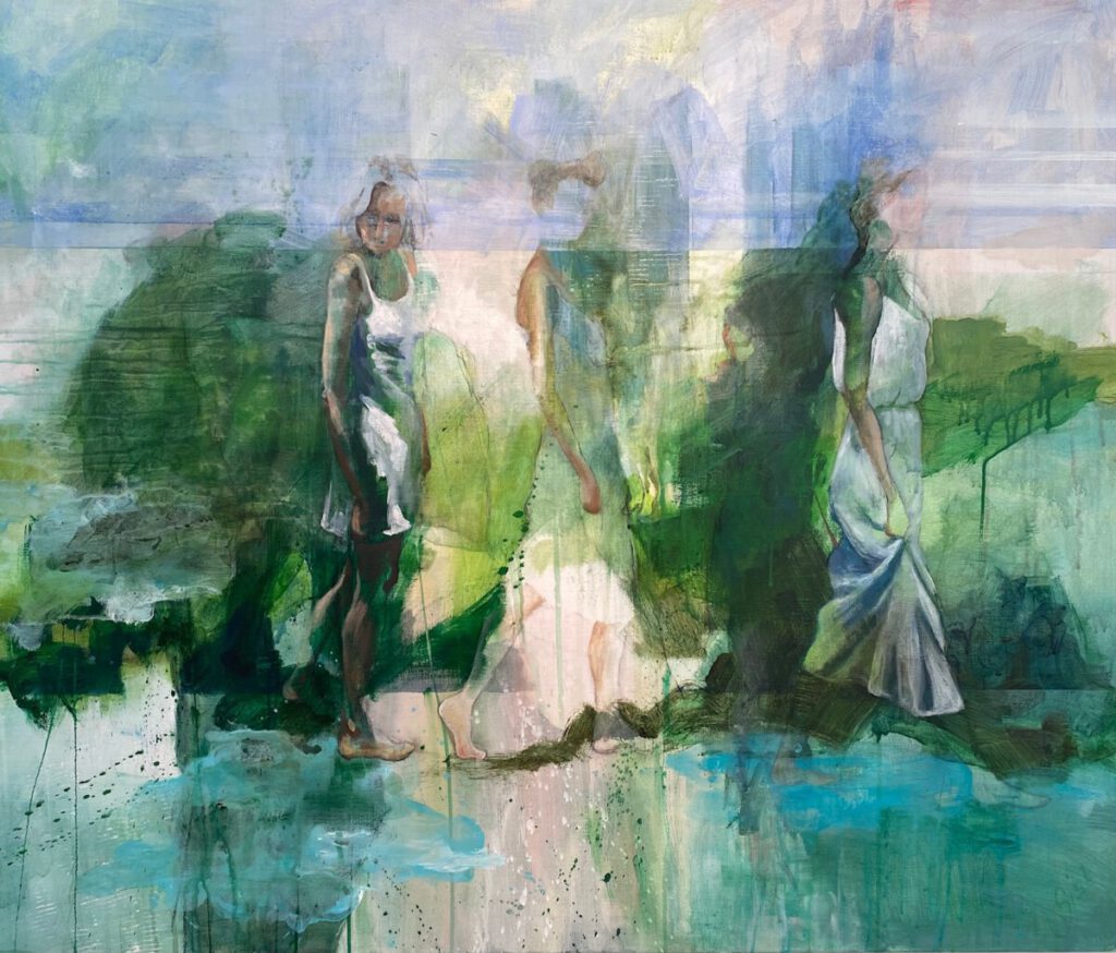 acrylpainting 3 vrouwen in witte jurken in groene omgeving greenhouse